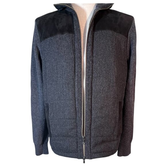 Banana Republic Mens Black Gray Wool Blend Full Zip Sweater Jacket Size L Suede - Picture 7 of 12